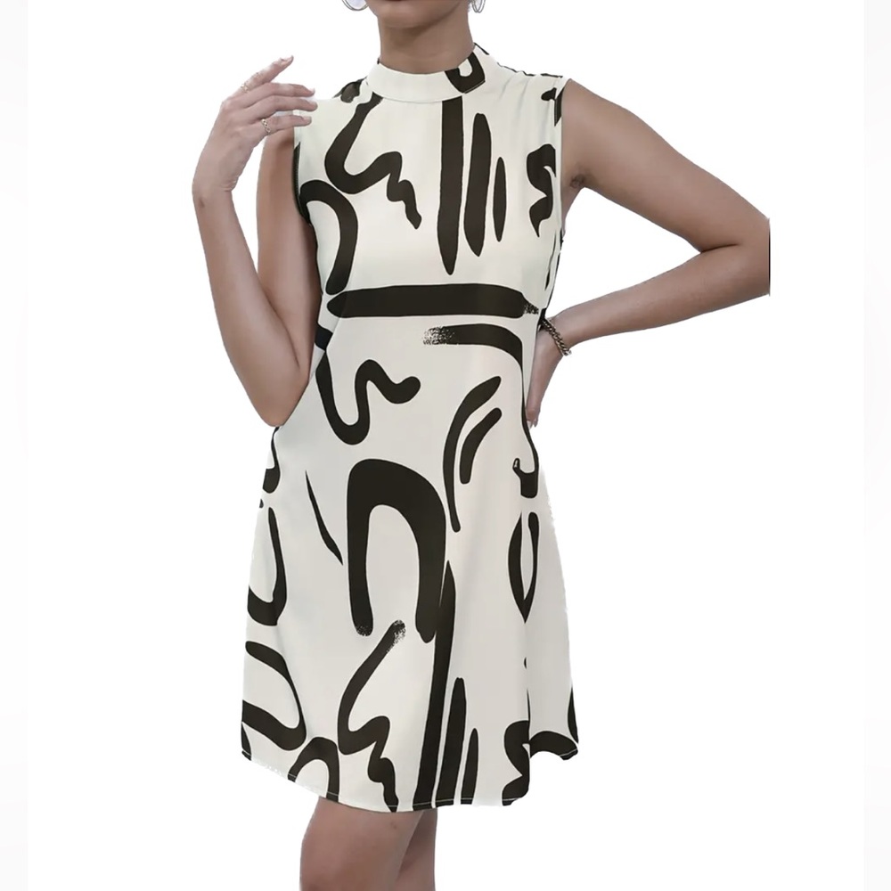 🌟 Chic Brush Print Dress • Mock Neck Sleeveless Dress